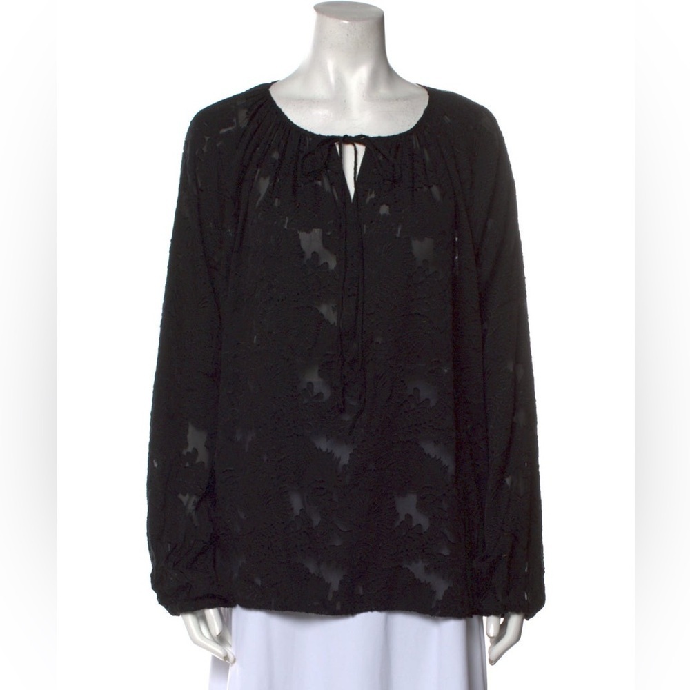 L'Agence Silk Embroidered Pattern Semi-Sheer Tie Neck Peasant Blouse Size Medium